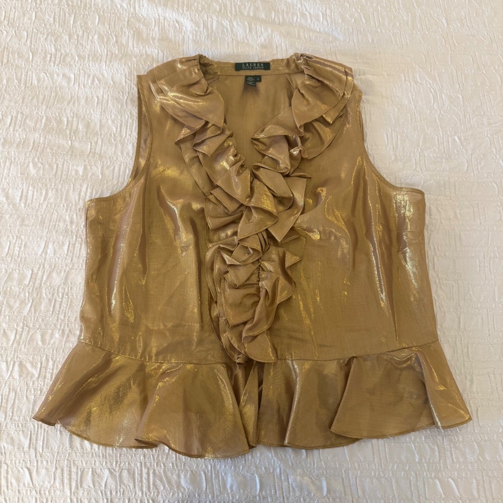 Lauren Ralph Lauren Gold Metallic Silk Blend Ruffle Peplum Blouse Top Size 16 - Picture 2 of 9